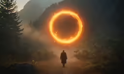 the man in black is walking with his arms wrapped around a yellow ring