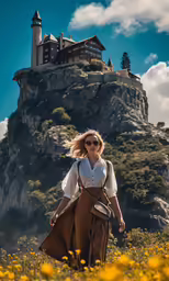 a woman in sunglasses standing on the grass next to a tall hill