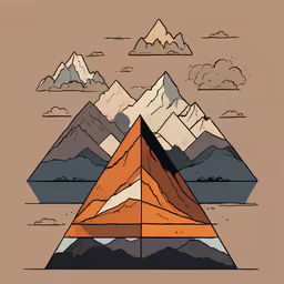 an illustration of mountains with a pyramid on it,a brown triangle is surrounded by mountains