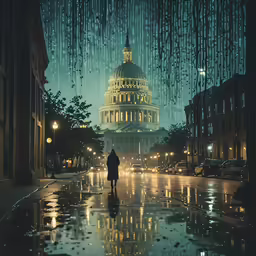 a man is walking down the sidewalk in the rain