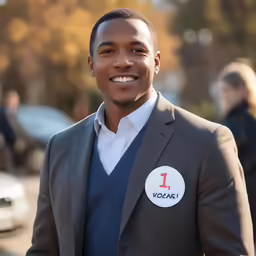 a young man smiling with a coat on and a button in his jacket