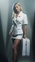 a woman with a suit and suitcase posing in the studio