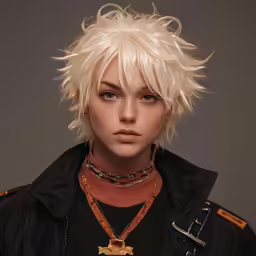a young blonde woman in a leather jacket