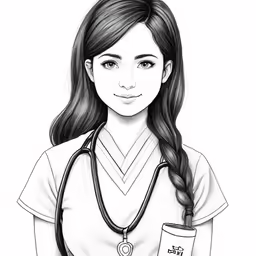 the drawing shows a woman doctor wearing a stethoscope