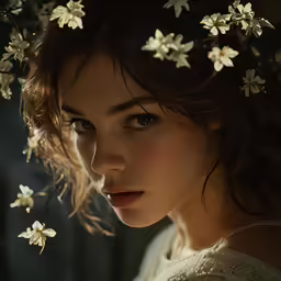 the girl is wearing a flowered headpiece and staring at something