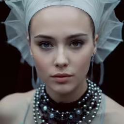 a young woman wearing pearls and a white turban
