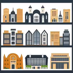 three rows of different buildings with buildings and buildings,a series of three illustrations featuring different buildings