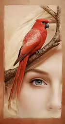 a bird sitting on top of a branch next to an attractive woman