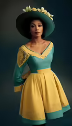 a woman wearing a yellow dress and green hat