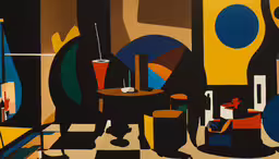 the room is filled with art pieces and tables,a painting of a living area with large circles and various pieces of furniture