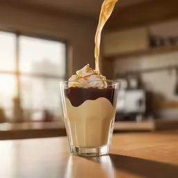 a spoon pouring coffee into a glass on a table