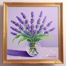the painting of purple flowers in a vase is shown