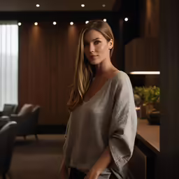 a beautiful woman standing in front of a table