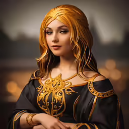 a portrait of a woman with golden hair and golden jewelry