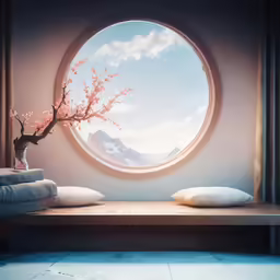 the view of mountains from inside the circle window