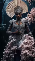 a person wearing a large bird headdress and a fancy outfit