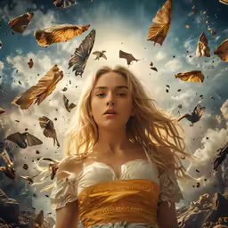 the woman is standing among butterflies flying around her