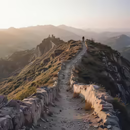 two people are standing at the top of a mountain trail