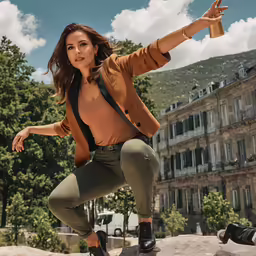 woman taking selfie in brown outfit outside near building