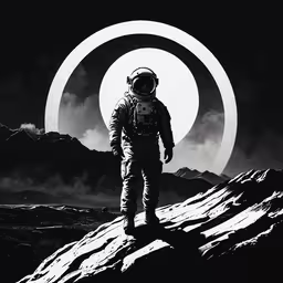 an astronaut stands on a large hill in front of a round shape of clouds,a spaceman standing on a hill with the background dark and foggy