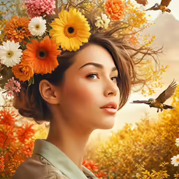 a woman with flowers in her hair with a bird flying over her head