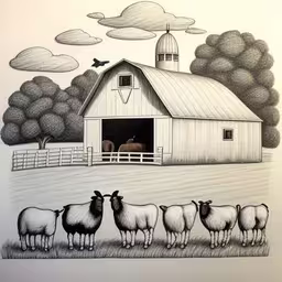 a drawing of five sheep standing near the barn,a drawing of three sheep stand in front of a barn