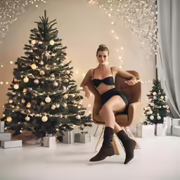 woman sitting in chair near christmas tree, and presents