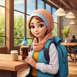 the character is holding a mug and a drink