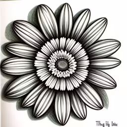 a card with an intricate flower in the center,a black and white flower that has been drawn on paper