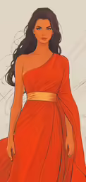the woman in an orange dress with her hair up