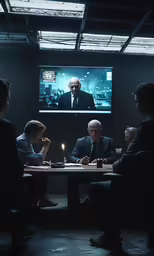 four people sitting around a table in front of a tv with a man on it