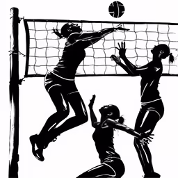 three women playing volleyball with one net
