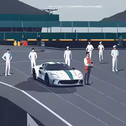 people standing around and around a white sports car,a large group of people in white outfits stand around a sports car on a parking lot