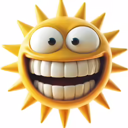 an animated, smiling yellow sun character with its teeth and bulging, wide grin