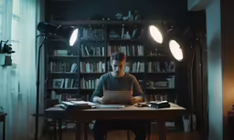 a man sits in front of his laptop on a wooden desk