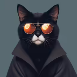 a black cat wearing sunglasses with a coat