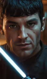 a man holds up a light saber to show off his light