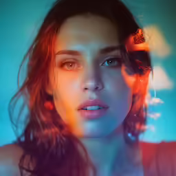 the young woman has long hair, wearing a red dress and with her eyes lit up