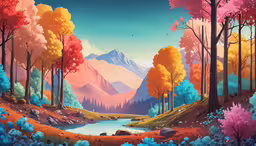 a colorful scenery of a mountain lake in autumn,colorful painting of a forest area with trees and mountains