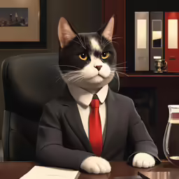 a black and white cat in a suit sits at a desk
