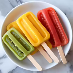four popsicles with fruits and kiwi are shown in a bowl