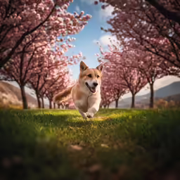 a brown dog running through the park under pink flowers