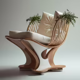 an artisticly constructed chair with two pillows and a potted plant