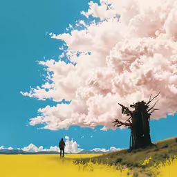 a lone man stands under a large cloud of clouds