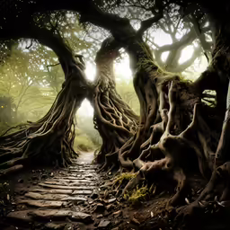 a path surrounded by trees and brick walkways