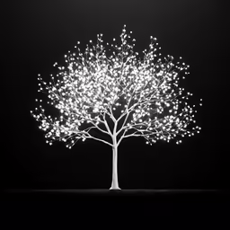 a lighted tree in the dark on a black background