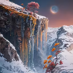 a computer painting with a surreal mountain landscape