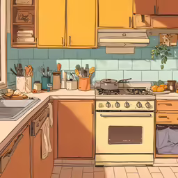 a colorful kitchen scene with oranges and yellow cabinets