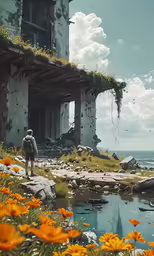 a man standing in front of an old building next to a body of water