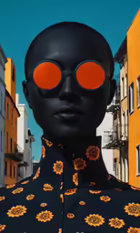 there is a man with black skin and orange glasses